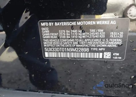 2022 BMW X4 xDrive30I z USA, uszkodzony, nr VIN 5UX33DT01N9M22898